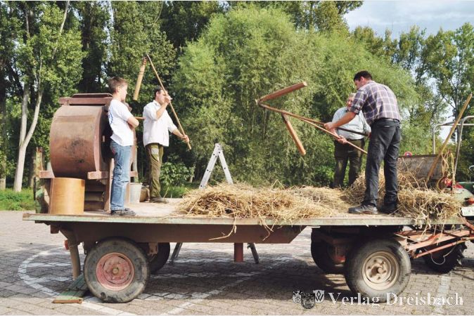 Rudolf Guthmann demonstriert gemeinsam mit seinen S&ouml;hnen, wie noch vor 100 Jahren das Korn gedroschen wurde, bevor es in der M&uuml;hle gemahlen wurde.?(mas/Fotos: Sch&uuml;tz)

&nbsp;