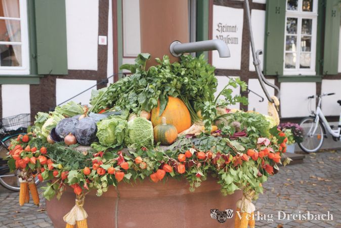 Der Museumsbrunnen wird w&auml;hrend des Herbstmarktwochenendes zu einer Erntekollektion ausstaffiert, gepr&auml;gt von Kohl und K&uuml;rbis.
(gus/Fotos: Steinacker)