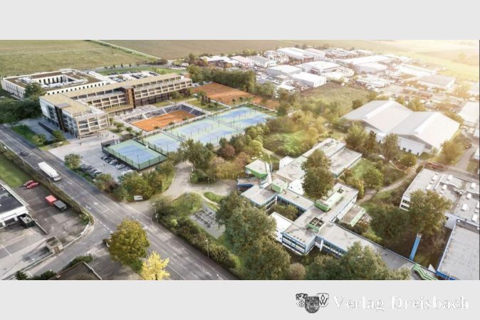 So soll sich laut den Plänen der Akademie-Komplex (oben links) in das jetzige Brachareal, das ehemalige Tetra Pak-Betriebsgelände an der Frankfurter Straße, einfügen.