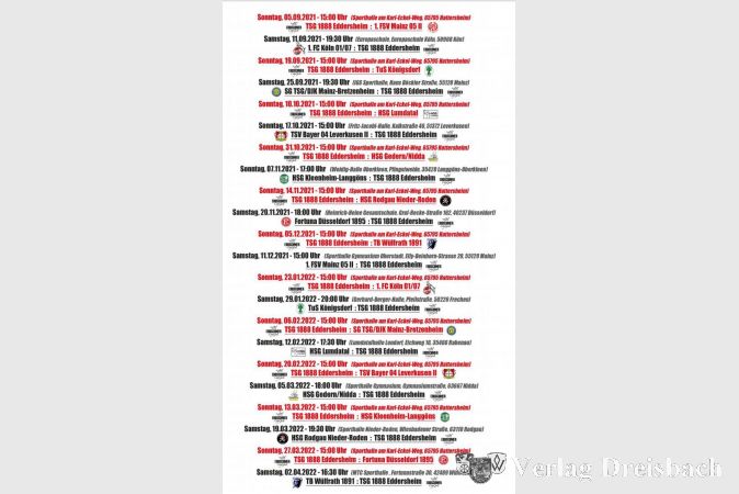 Der Saisonspielplan 2021/22 der TSG Eddersheim Damen 3. Liga Staffel D.