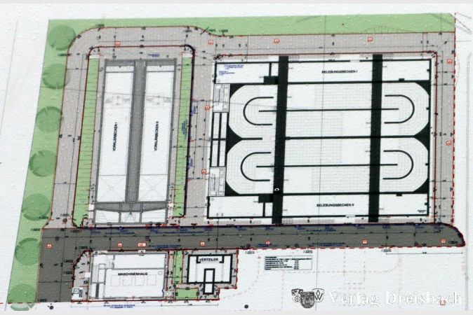 Im Osten der Erweiterungsfläche entstehen zwei Vorklärbecken (oben links) und Belebungsbecken. Dazu kommt (unten links) ein Maschinenhaus.