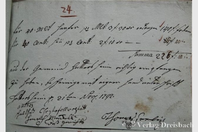 "für 40 met hanfar je met: 3 Gulden:30 Kreuzer
ertragen – 1210 Gulden
für 40 cent: heu pro cent: 2 Gulden:10 Kreuzer
86 Gulden 40 Kreuzer –
 Summa 226 Gulden: 40 Kreuzer
aus der gemeind Hattersheim richtig empfan-
gen zu haben, bescheinige ich mit eigen Hand-
unterschrift 
Hattersheim, 21ten Nov. 1792
Johannes xxx "