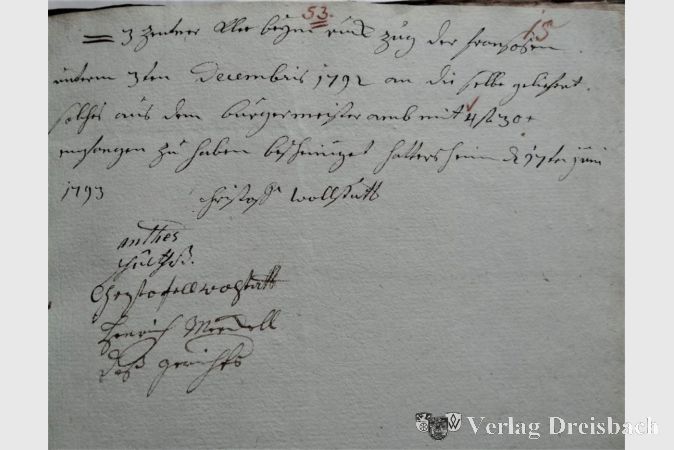 "= 3 Zentner Klee beym rückzug der
Franzosen unterm 3ten Decembris 1792
an die selbe geliefert. Solches aus dem 
Bürgermeisteramb mit 4 Gulden 30
Kreuzer empfangen zu haben bescheini-
get 
Hattersheim 27ten Juni 1793
 Christof Wollstatt"