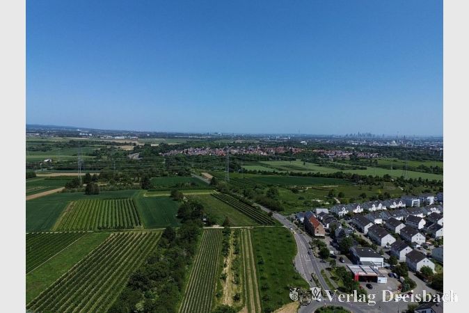 Drohnenbild (aus etwa 90 Meter Höhe) vom Ortsausgang Kriftel Richtung Zeilsheim / Frankfurt. Es wird geprüft, ob sich Drohnenflüge zur Verhinderung von Obstdiebstahl im Feld eignen könnten.
