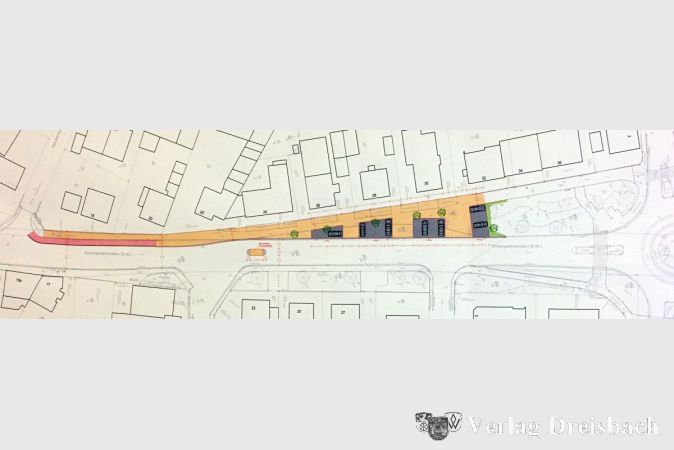 Der Gestaltungsentwurf des Büros Gehrlinger mit der Fahrrad-/Gehweg-Kombination (orange) und den neuen Parkplätzen (dunkel).