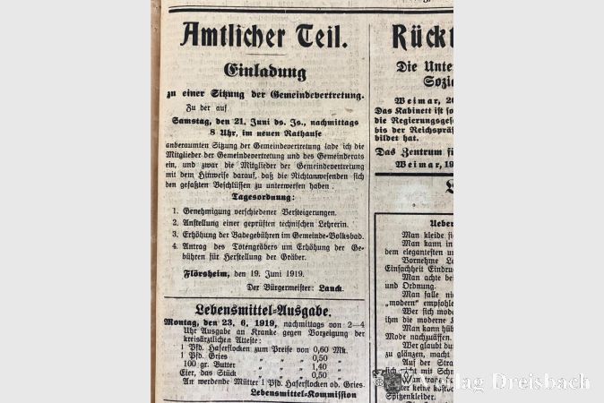 Veröffentlichung vom 19. Juni 1919: Diese amtliche Bekanntmachung belegt die offizielle Nutzung des Gebäudes als Rathaus schon im Jahr 1919.