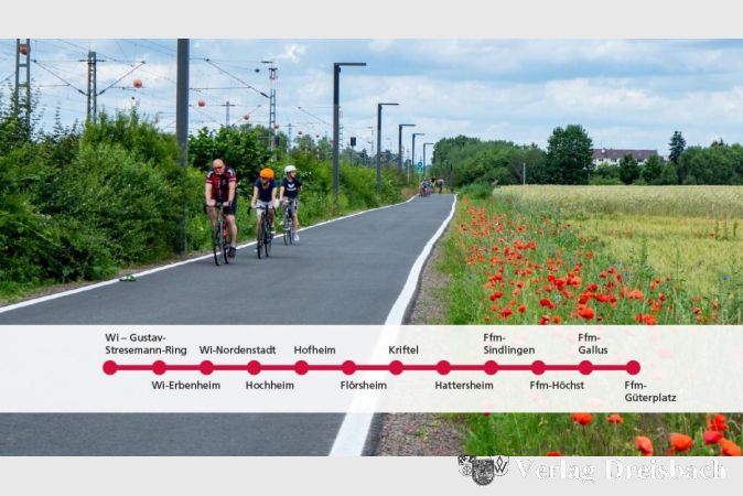 Beispiel für einen Radschnellweg, hier FRM1 Frankfurt-Darmstadt bei Egelsbach, mit den Kommunen auf der Strecke der Vorzugsvariante FRM3.