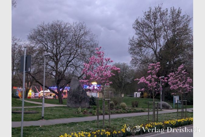 Ein Blick auf das Frühlingsfest hinter frühlingshaft blühenden Bäumen und Blumen.