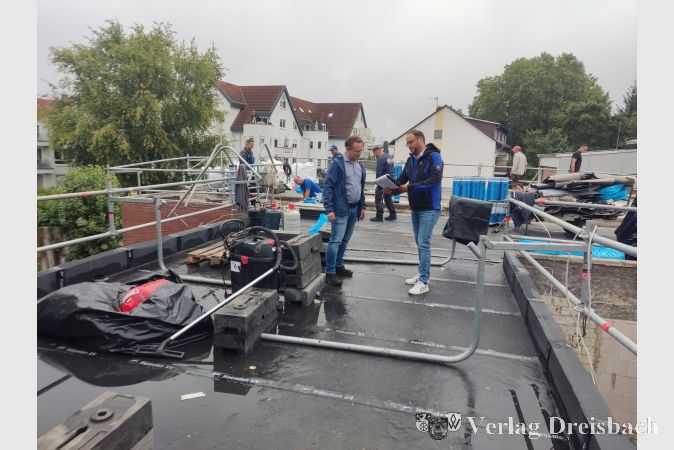 Auf dem mittlerweile komplett sanierten Schwarzbachhallen-Dach.