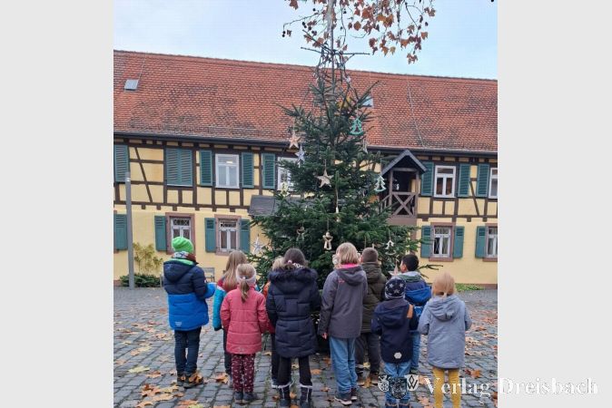 Die Kinder des Schulkinderhauses verzieren die Tanne im Alten Posthof.